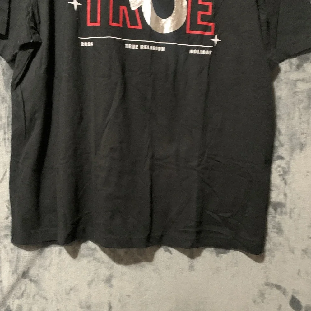 True Religion T-Shirt Mens 3XL 2024 Holiday Wishes Black Graphic EUC